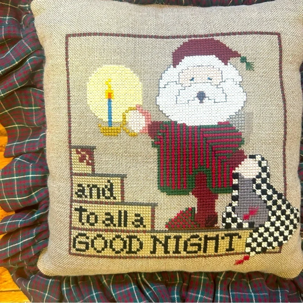 Handmade Crossstitch Christmas Ruffled Plaid Accent Pillow Holiday Santa Vintage